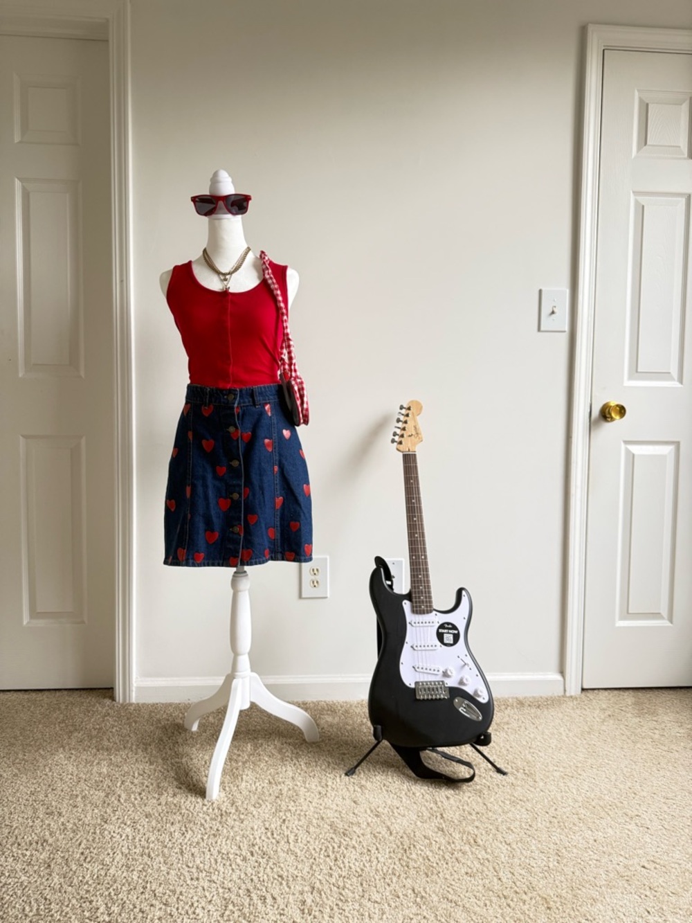 Red Tank Top with Heart Print Denim Skirt Outfit